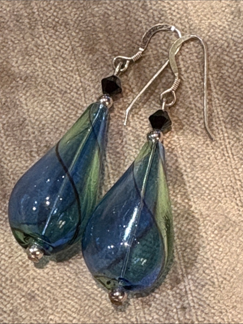 Vintage Blue and Green Murano Glass Teardrop Earrings
